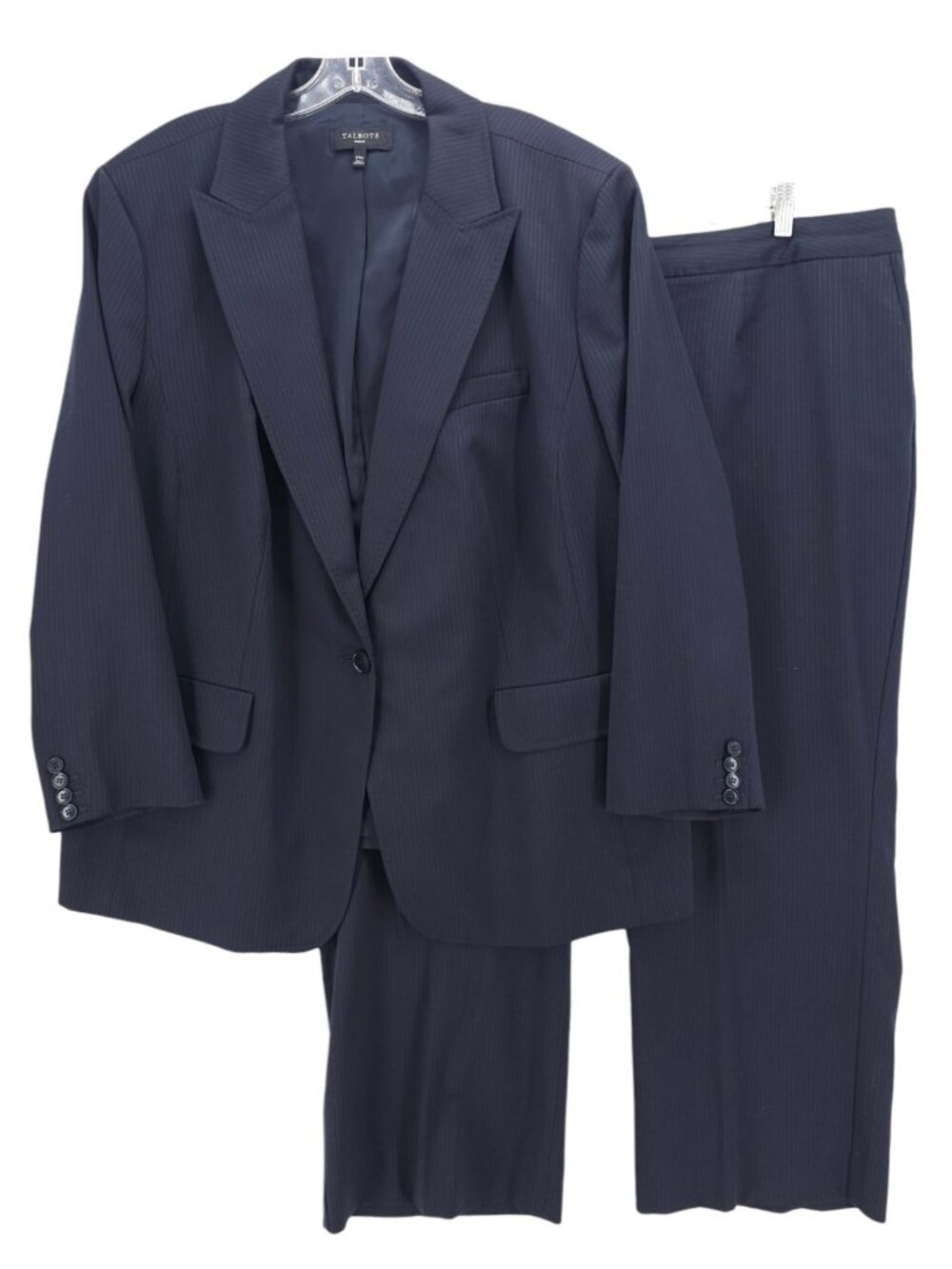 TALBOTS Pant Suit 2-Piece Set Dark Navy Blue Pinstripe Wool Blend Size 24W